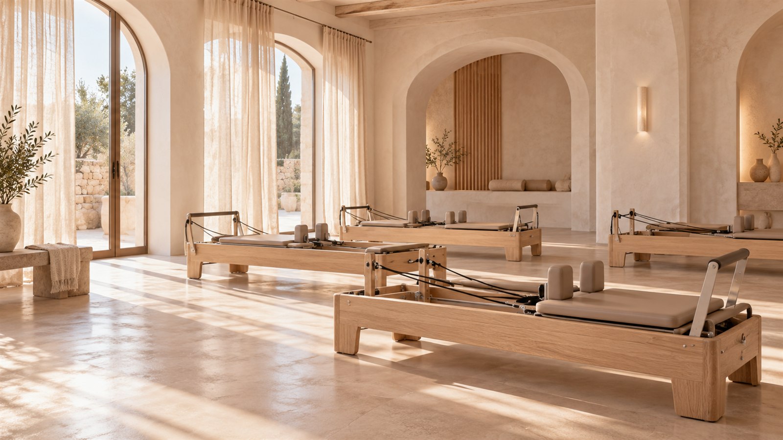 Projection d'ambiance d'un studio de Pilates Reformer aux tons naturels
